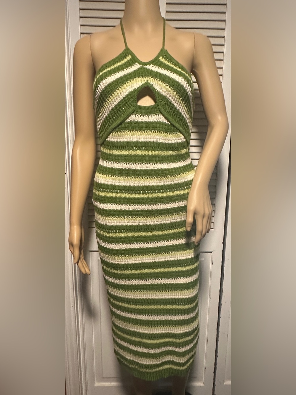 NWT Sincerely Jules Boho Striped Crochet Halter Midi Dress Green & Cream XS
